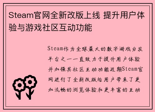 Steam官网全新改版上线 提升用户体验与游戏社区互动功能