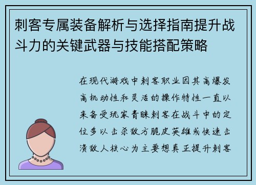 刺客专属装备解析与选择指南提升战斗力的关键武器与技能搭配策略